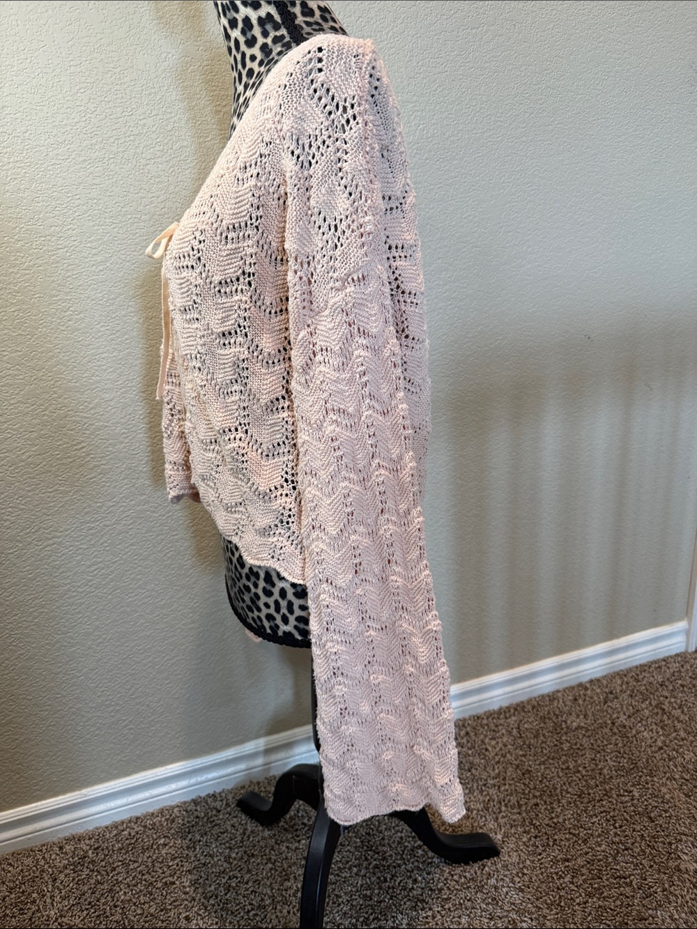 Women’s Open Knit Tie-Front Sweater Cardigan - Light Pink - Picture 4 of 8